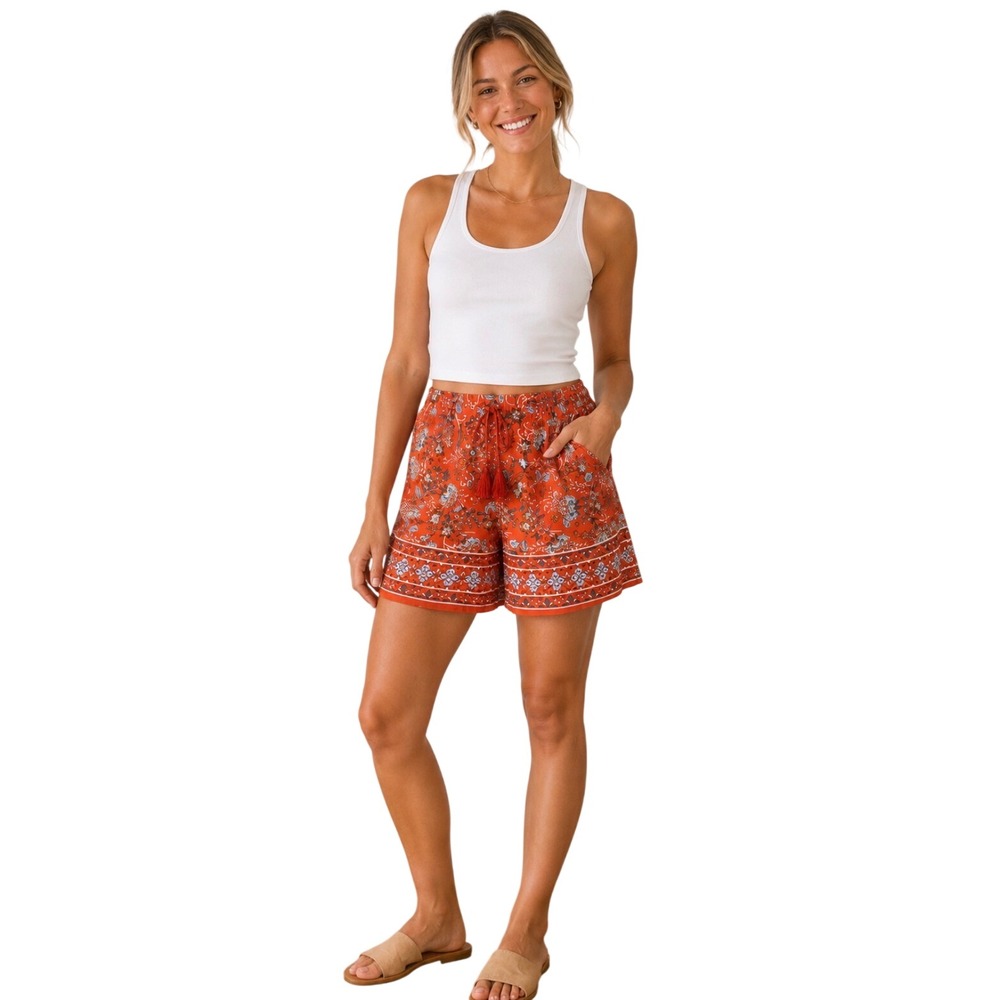 NWT J. Jill Zinnia Floral Tassel Drawstring Shorts Small Orange Boho 089521